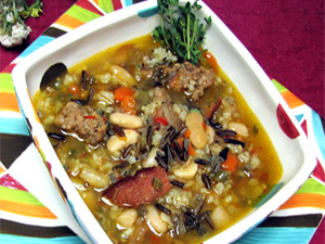 Colorful and hearty wild rice soup with whole grains and rice.